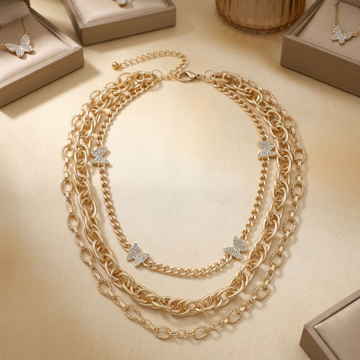 Gold Mixed Chain Stone Butterfly 3 Layer Necklace