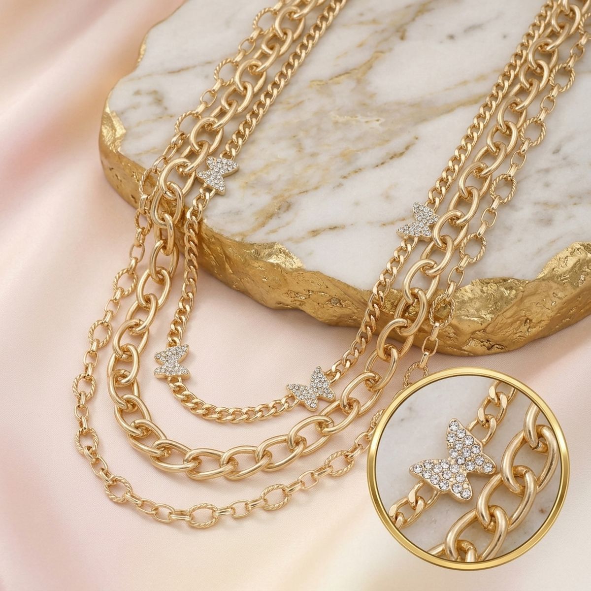 Gold Mixed Chain Stone Butterfly 3 Layer Necklace