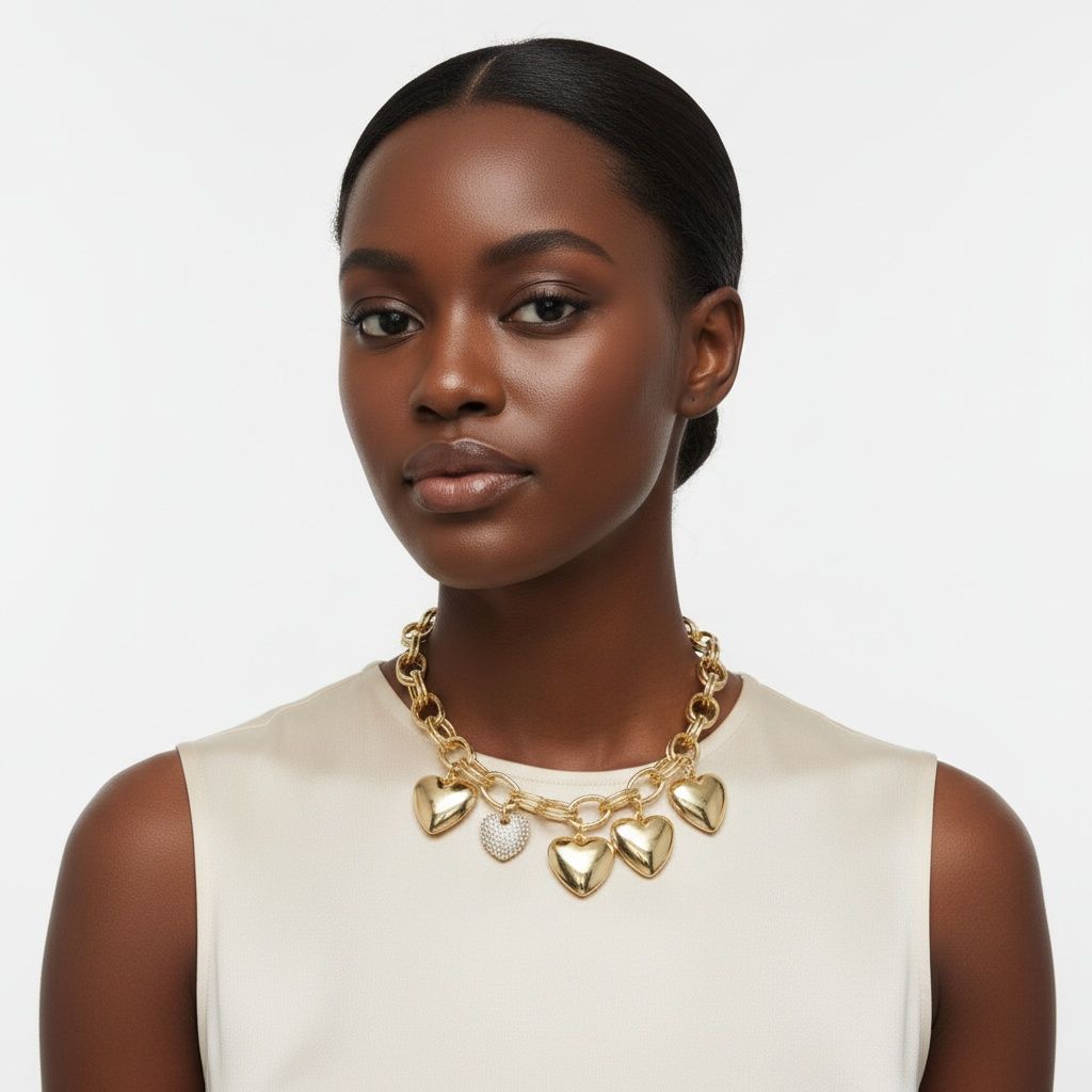 Chain Gold Puffy Heart Aurbo Stone Charm Necklace