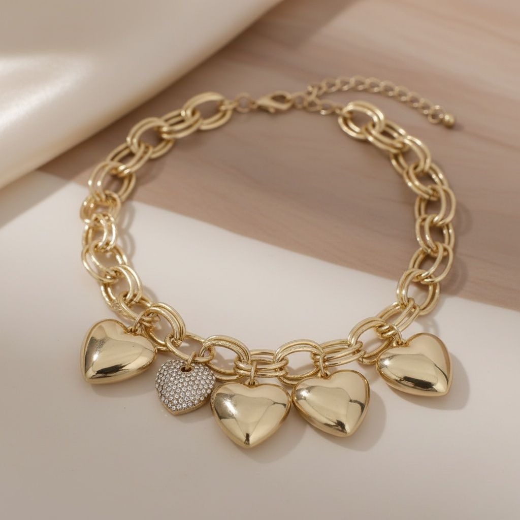 Chain Gold Puffy Heart Aurbo Stone Charm Necklace