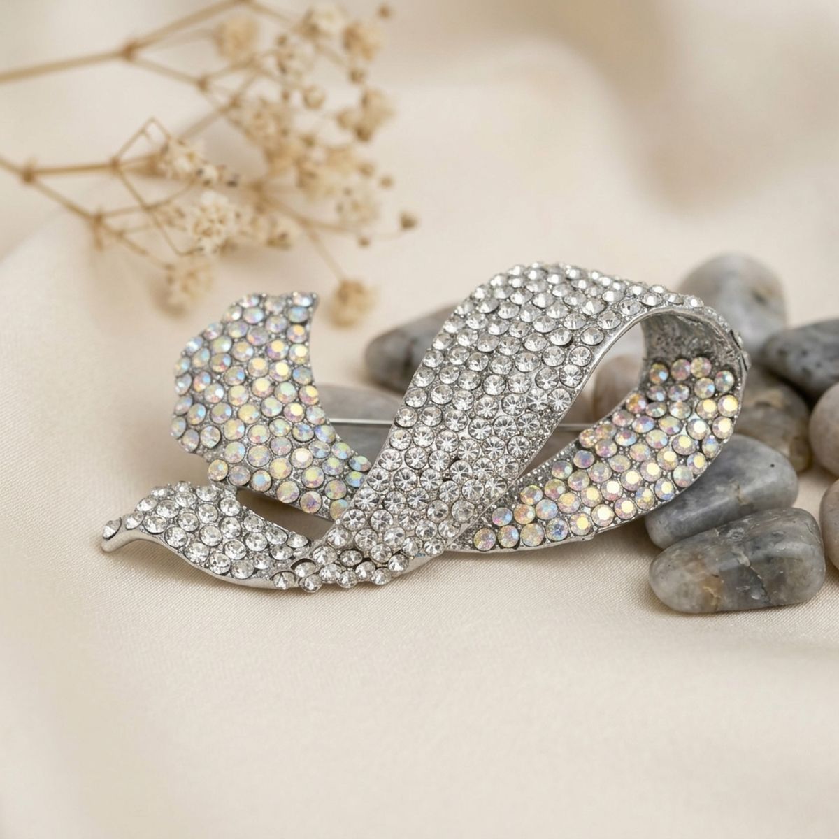 Encrusted Brooch Silver Flowing Ribbon Stone Pin