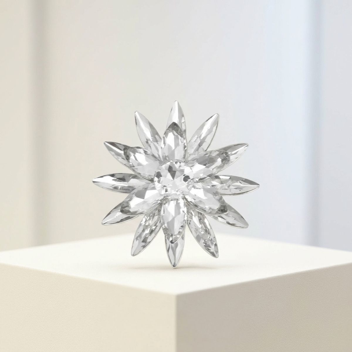 Oversize Brooch Silver Marquise Crystal Flower Pin