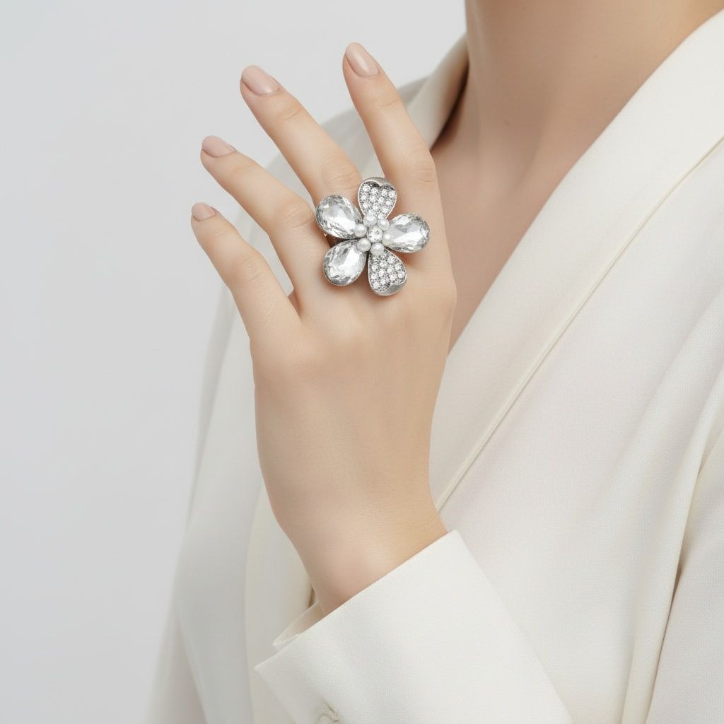 Cocktail Ring Silver Teardrop Crystal Flower Design