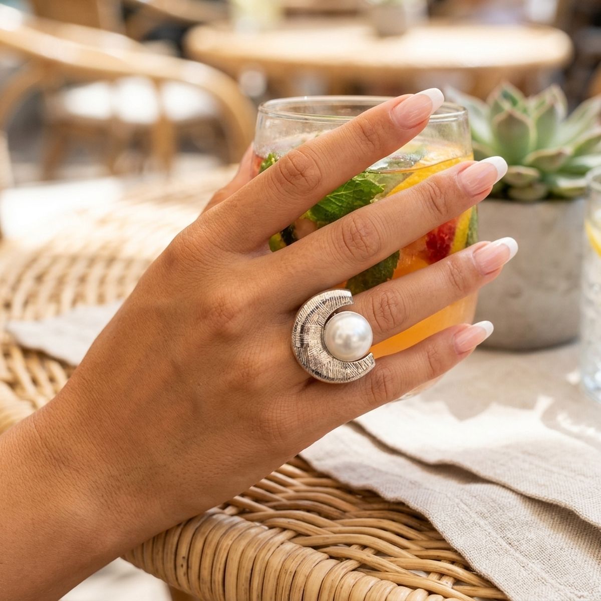 Chunky Silver Textured Crescent Pearl Ring