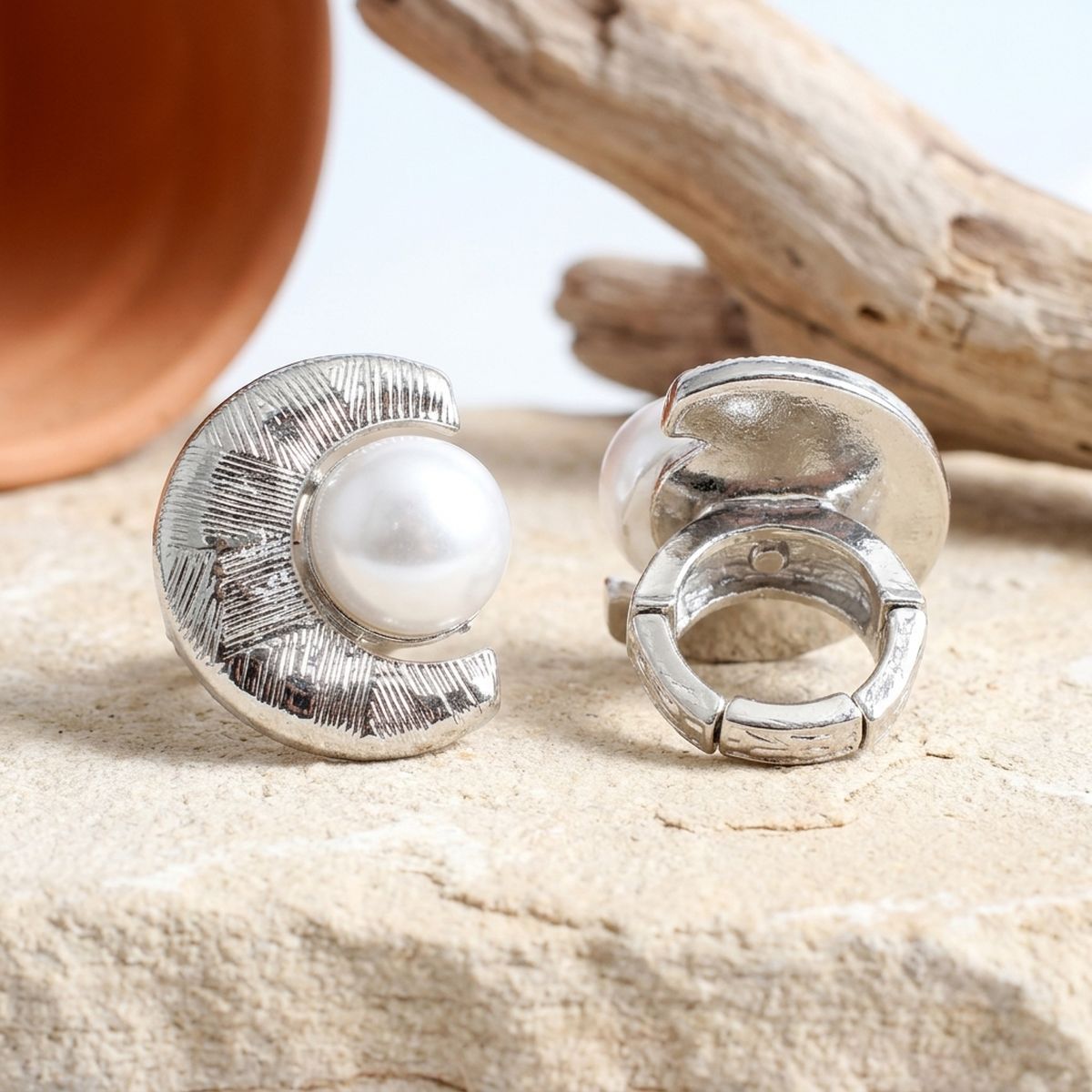 Chunky Silver Textured Crescent Pearl Ring