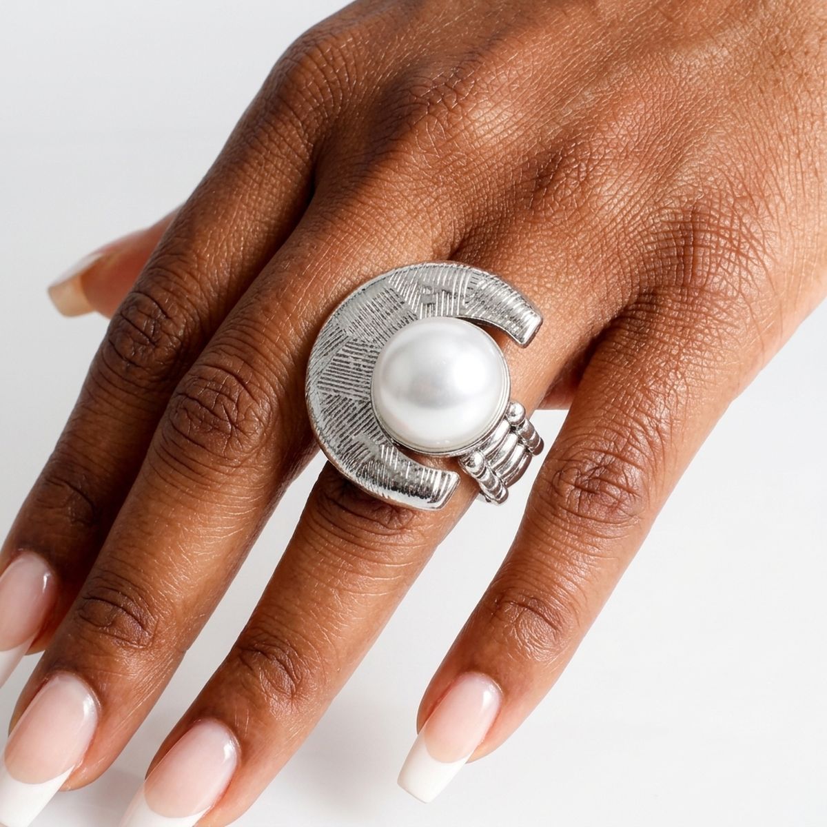 Chunky Silver Textured Crescent Pearl Ring