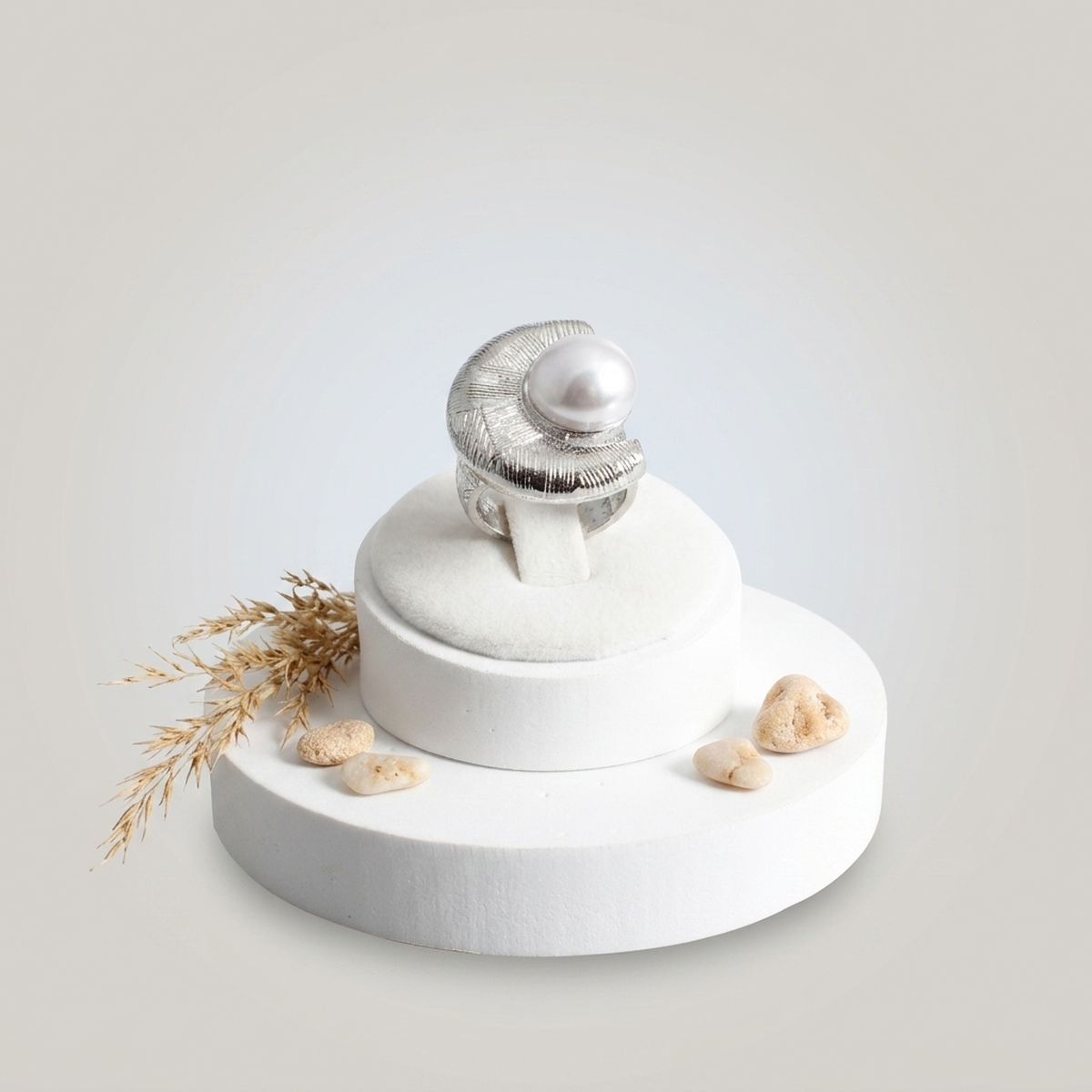 Chunky Silver Textured Crescent Pearl Ring