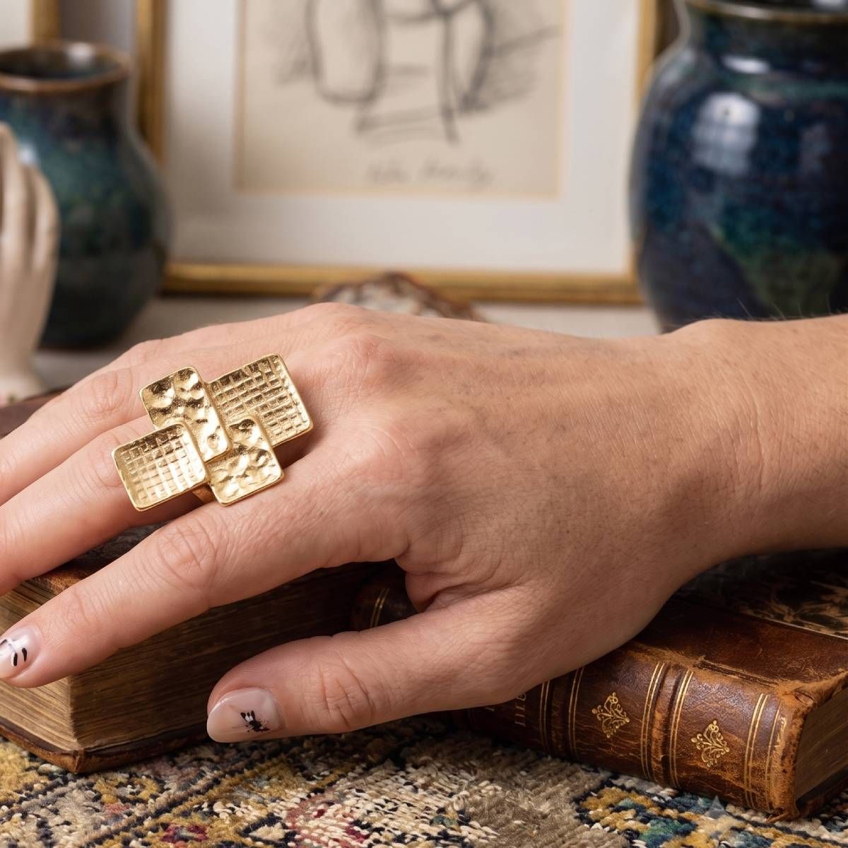 Chunky Gold Textured Geometric Cross Ring