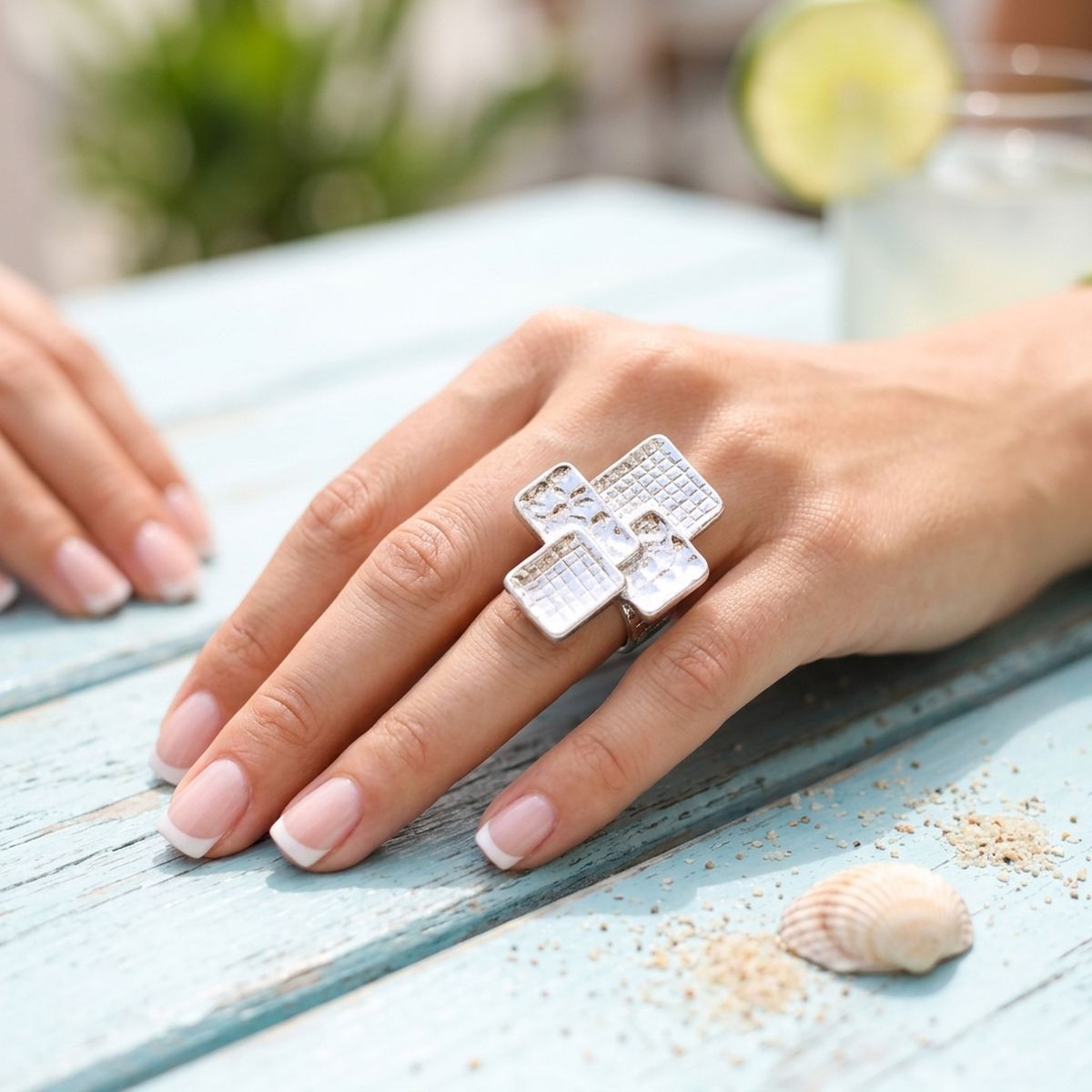 Chunky Silver Textured Geometric Cross Ring