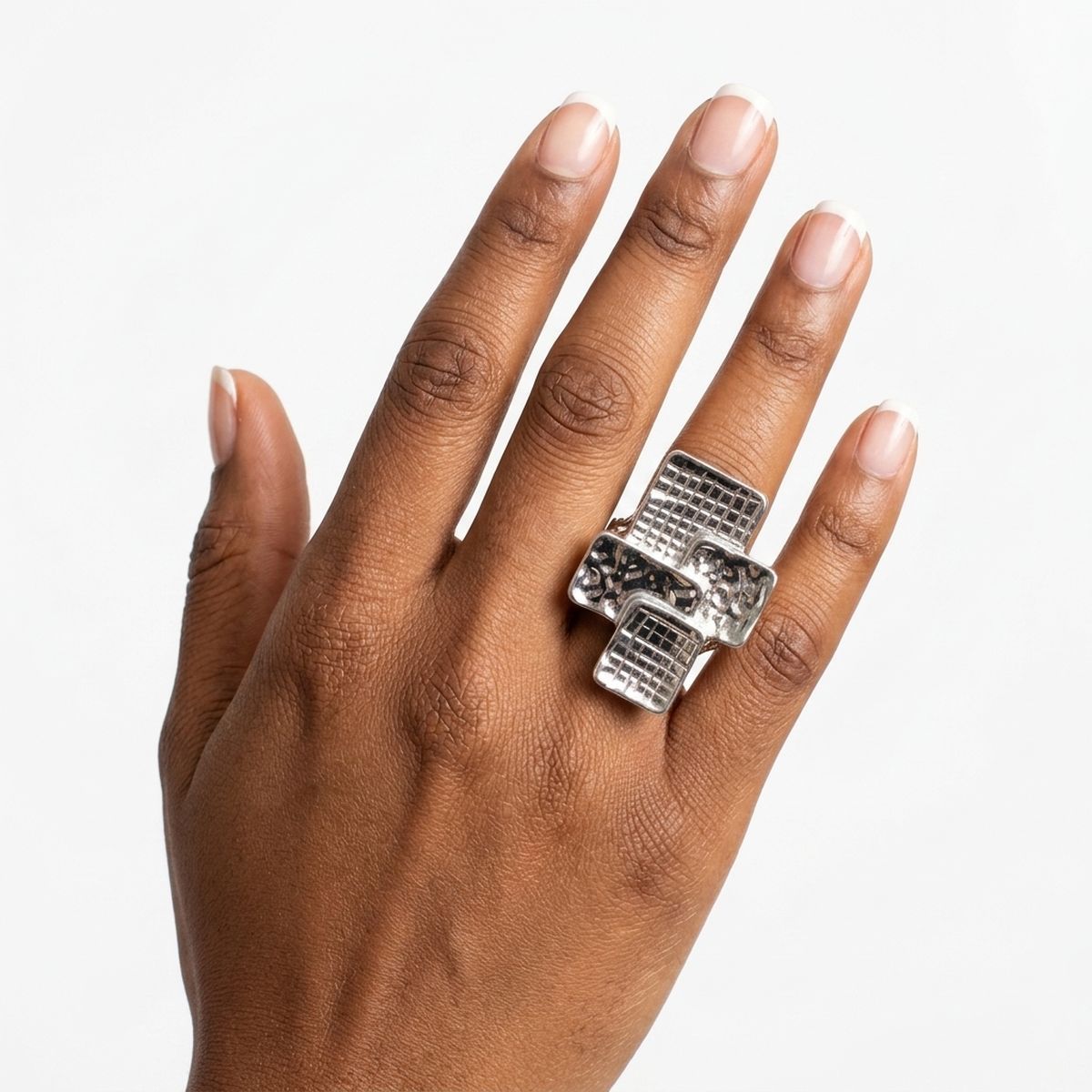 Chunky Silver Textured Geometric Cross Ring