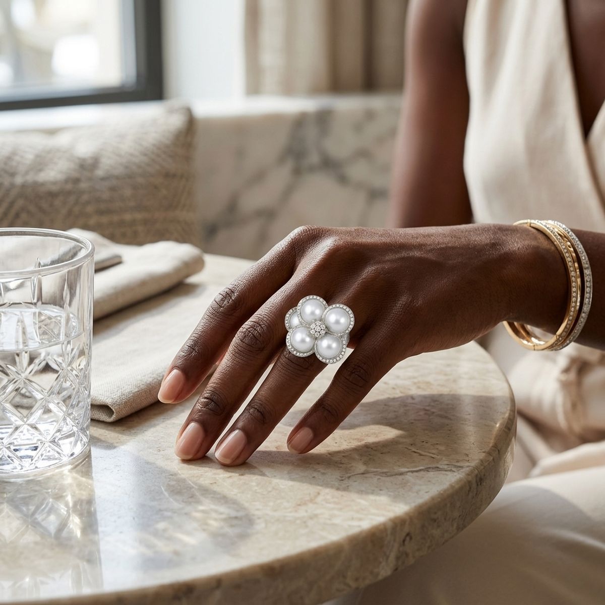 Cocktail Silver Stacked Pearl Dome Pave Ring