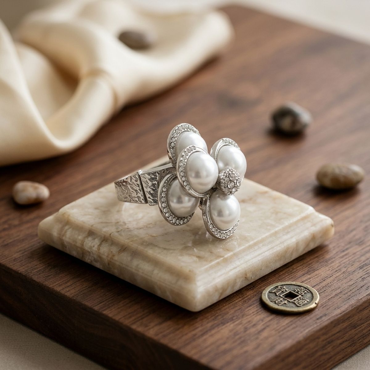 Cocktail Silver Stacked Pearl Dome Pave Ring