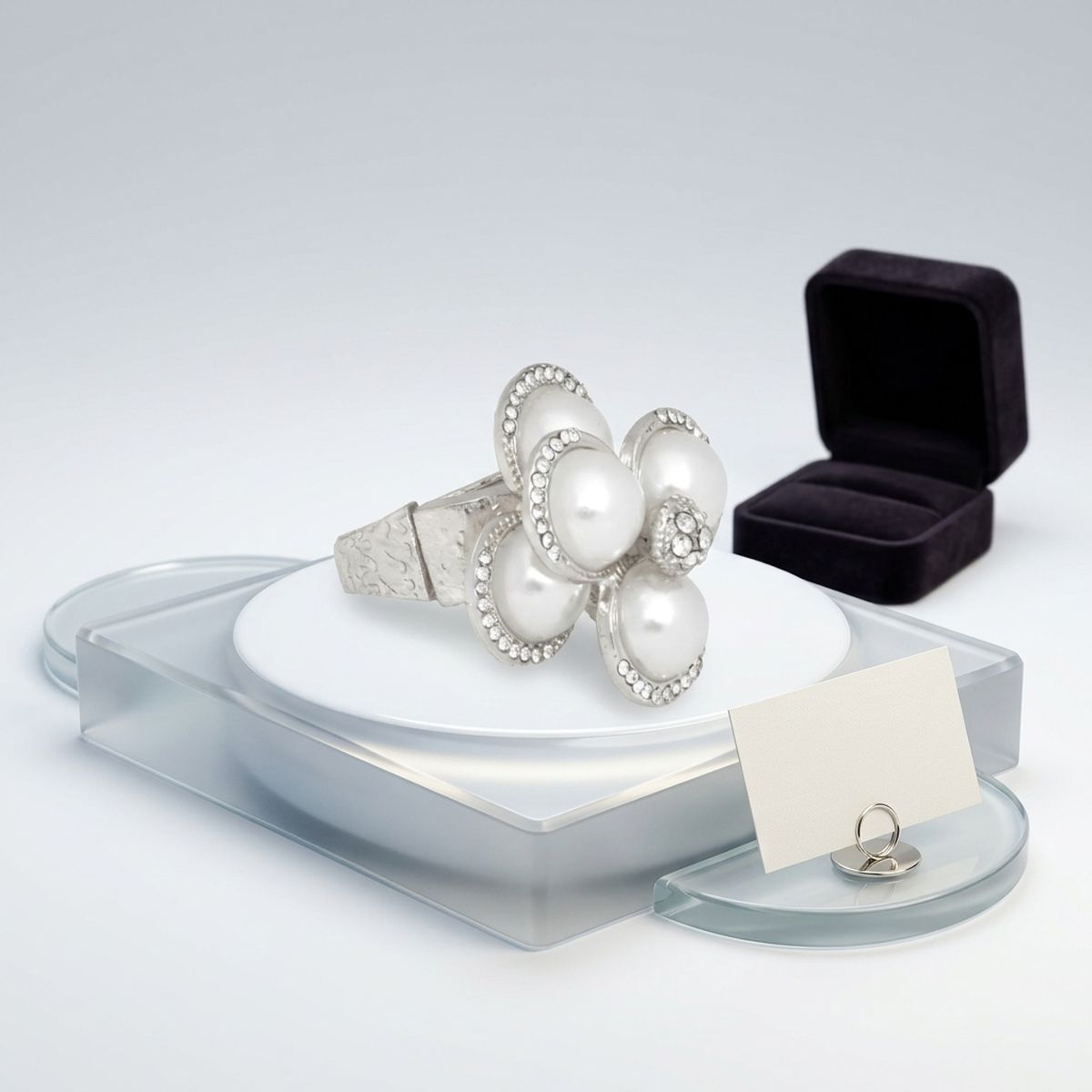 Cocktail Silver Stacked Pearl Dome Pave Ring