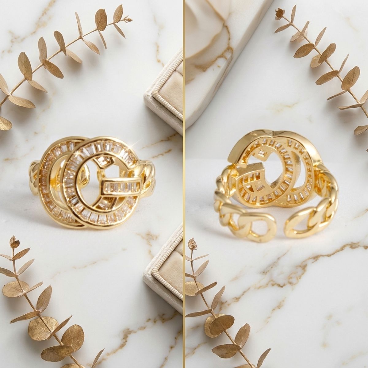 Gold Pave G Letter Adjustable Chain Band Ring