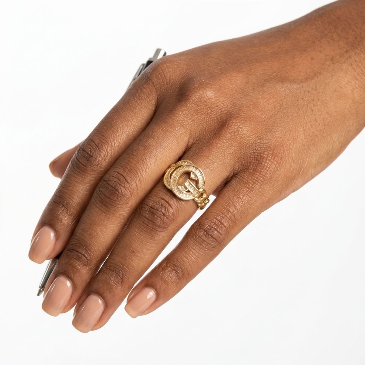 Gold Pave G Letter Adjustable Chain Band Ring