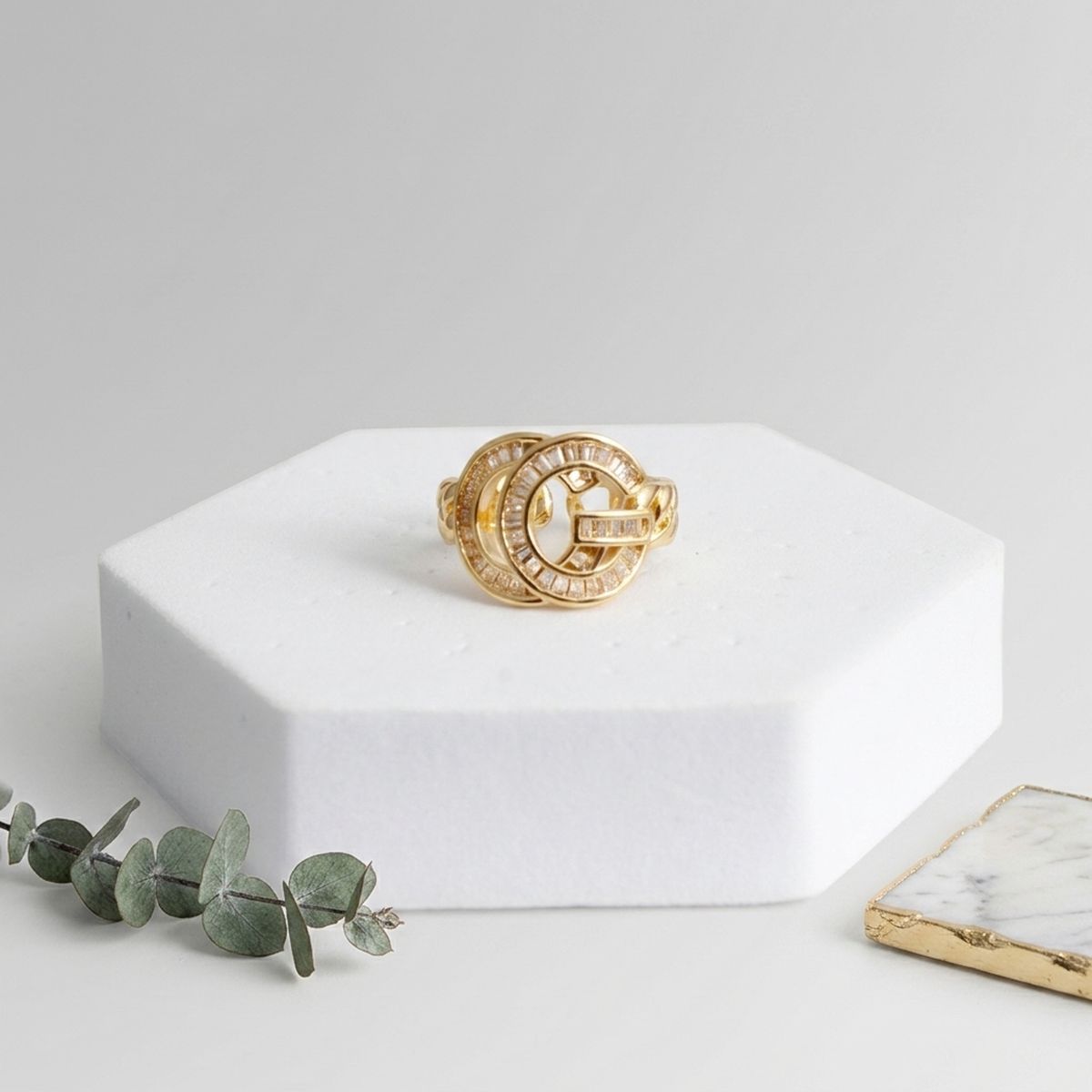 Gold Pave G Letter Adjustable Chain Band Ring