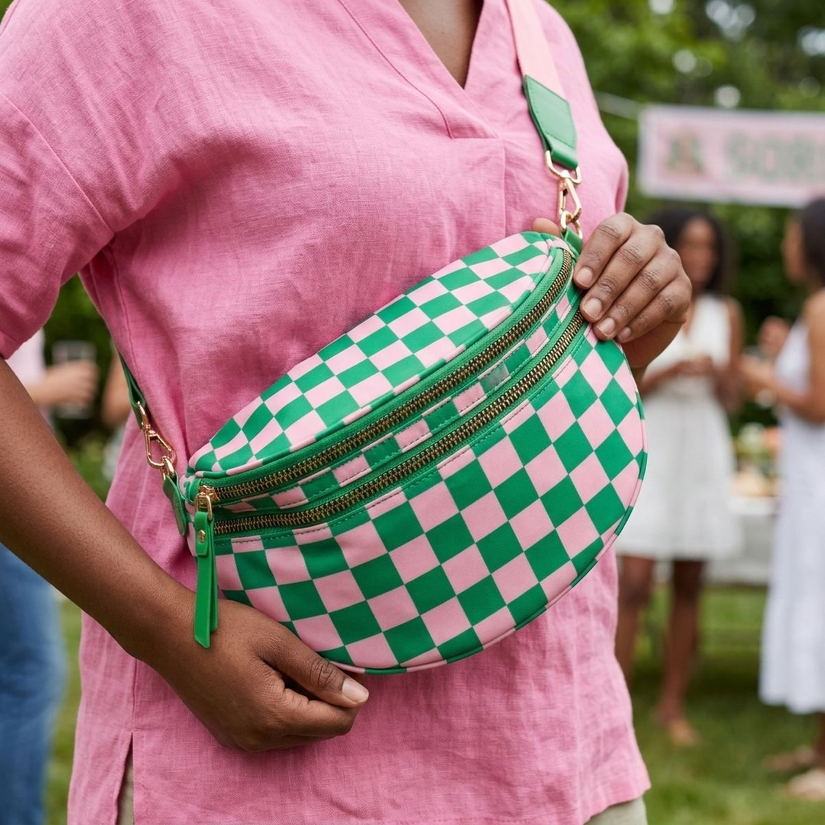 AKA Pink Green Checkered Nylon Crossbody Sling Bag