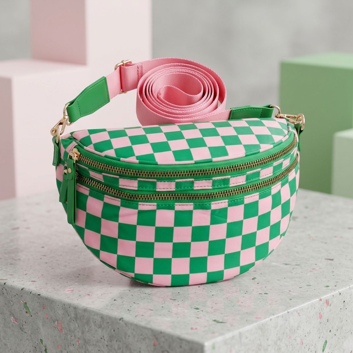 AKA Pink Green Checkered Nylon Crossbody Sling Bag