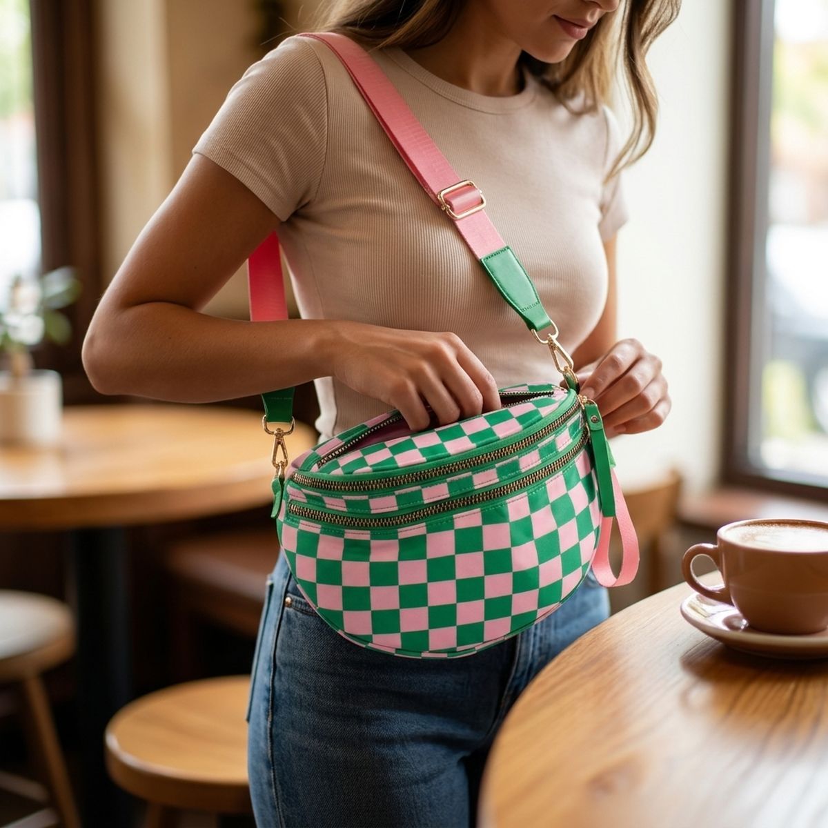 AKA Pink Green Checkered Nylon Crossbody Sling Bag