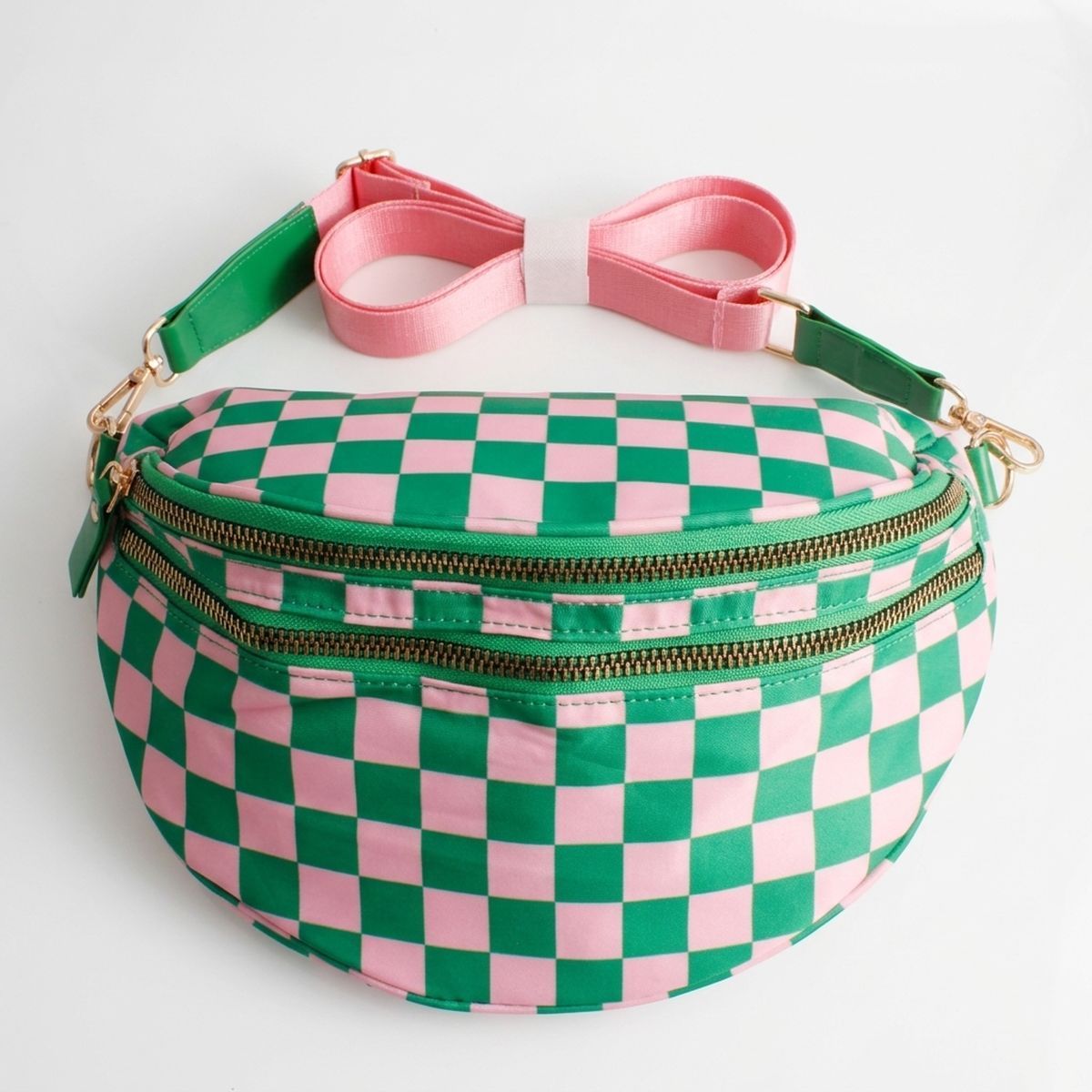 AKA Pink Green Checkered Nylon Crossbody Sling Bag