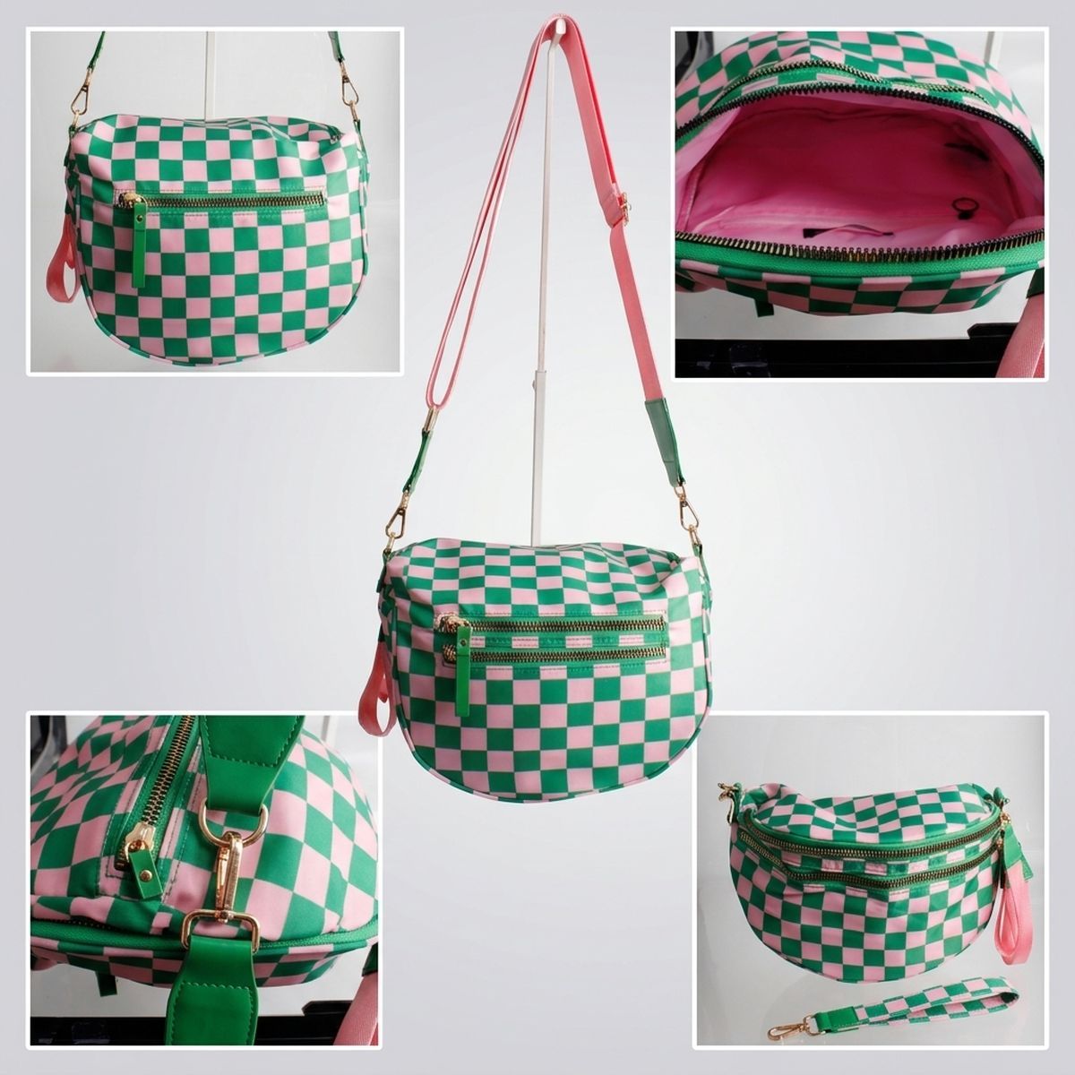 AKA Pink Green Checkered Nylon Crossbody Sling Bag
