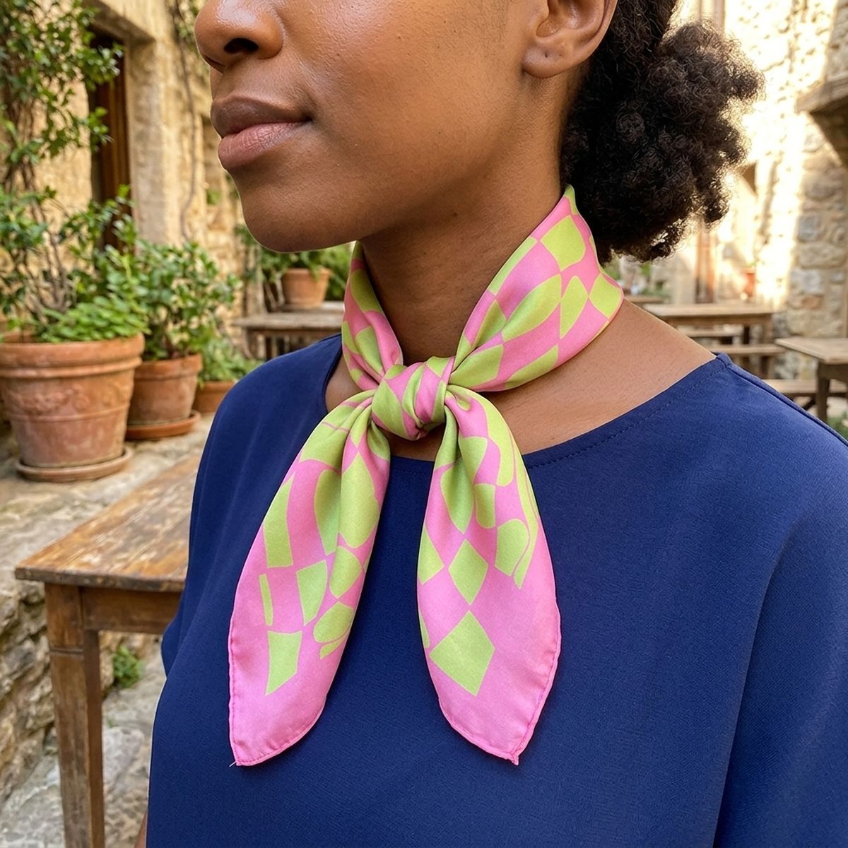 AKA Wavy Print Pink and Green Silky Square Scarf