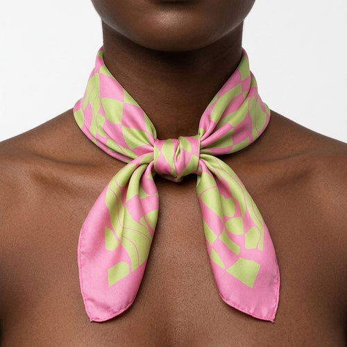 AKA Wavy Print Pink and Green Silky Square Scarf