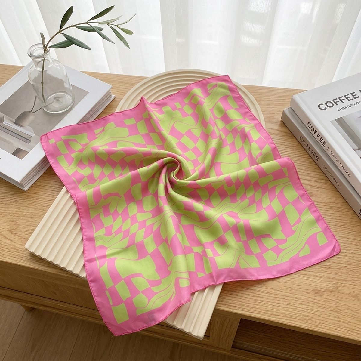 AKA Wavy Print Pink and Green Silky Square Scarf