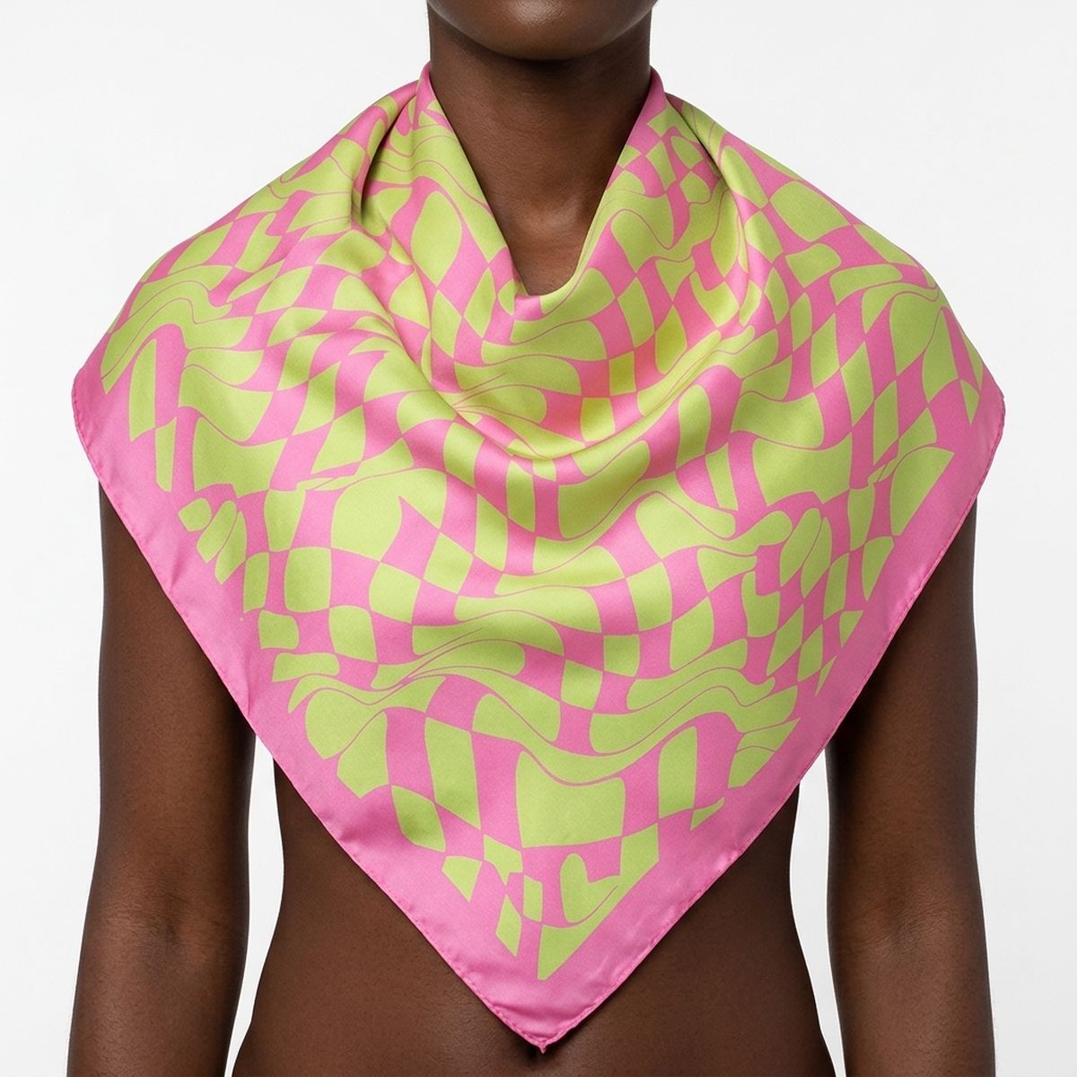 AKA Wavy Print Pink and Green Silky Square Scarf