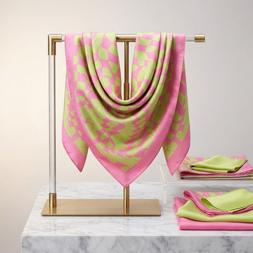 AKA Wavy Print Pink and Green Silky Square Scarf