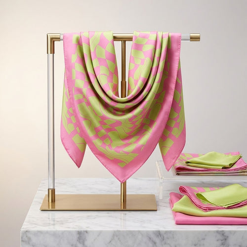AKA Wavy Print Pink and Green Silky Square Scarf