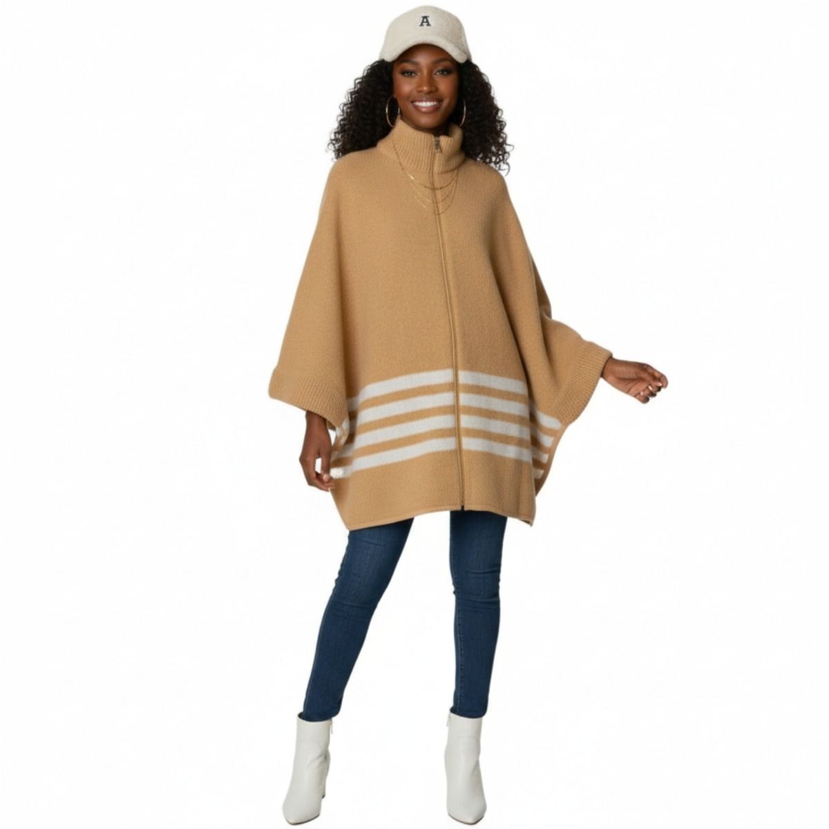 Camel Stripe Classy Zipper Kimono