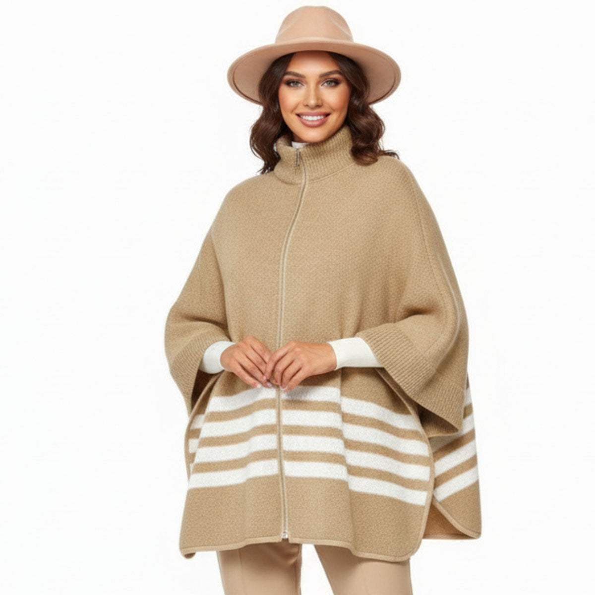 Camel Stripe Classy Zipper Kimono