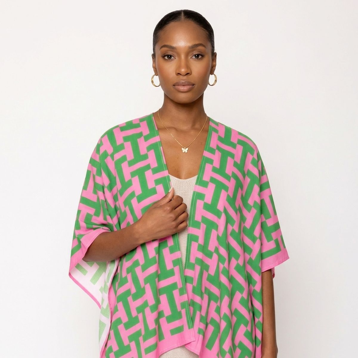 AKA Sorority Pink Green Geometric Viscose Kimono