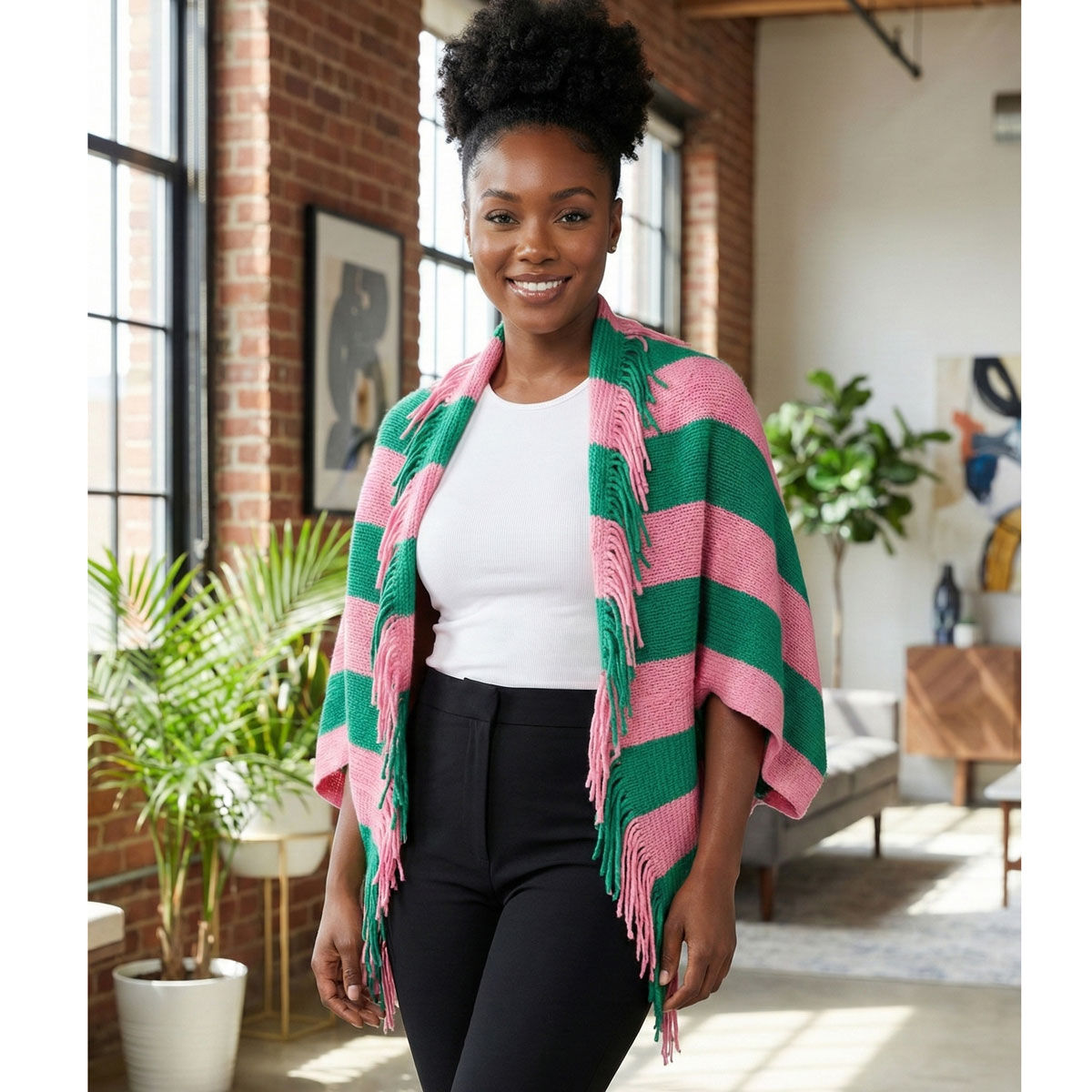 AKA Pink and Green Stripe Fringe Cocoon Top