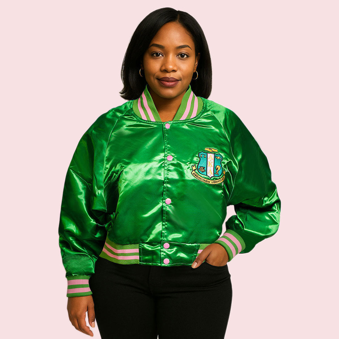 AKA Greek Apparel M Cropped Satin Varsity Jacket