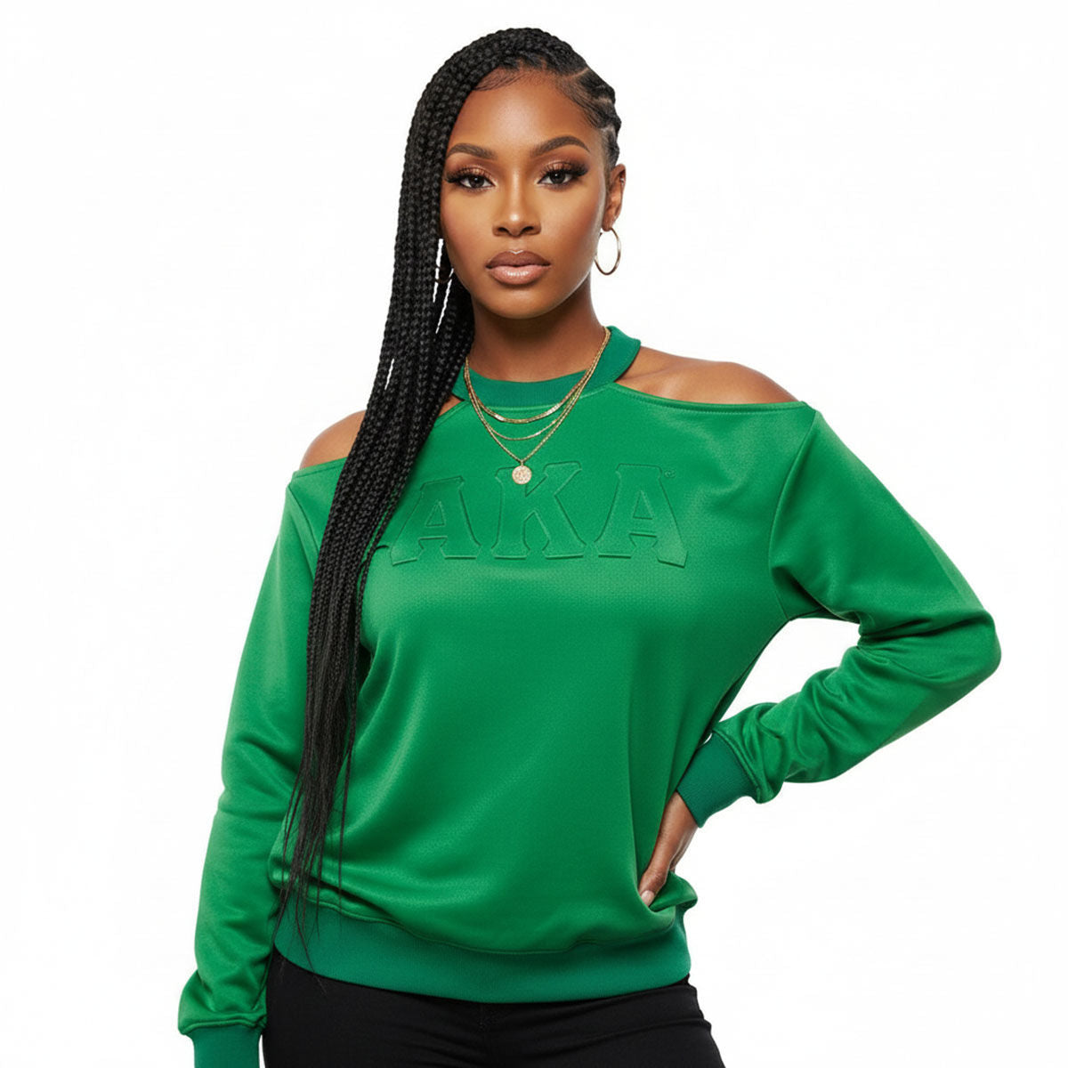 AKA Greek Merch L Green Cold Shoulder Sweatshirt