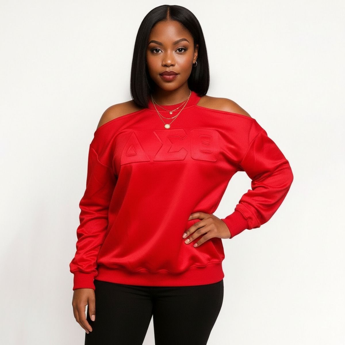 DST Greek Merch L Red Cold Shoulder Sweatshirt