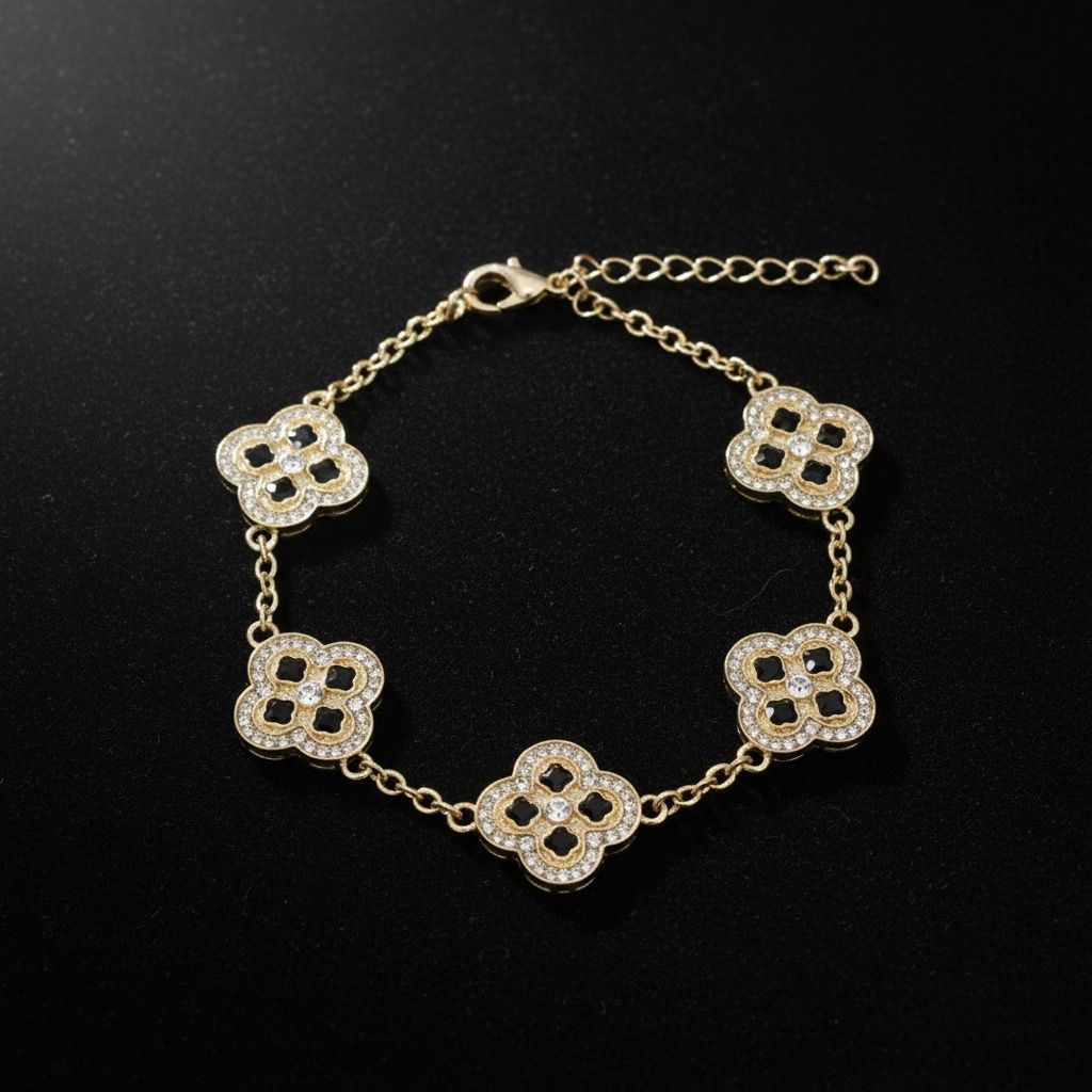 Black Encrusted Quatrefoil Motif Gold Bracelet