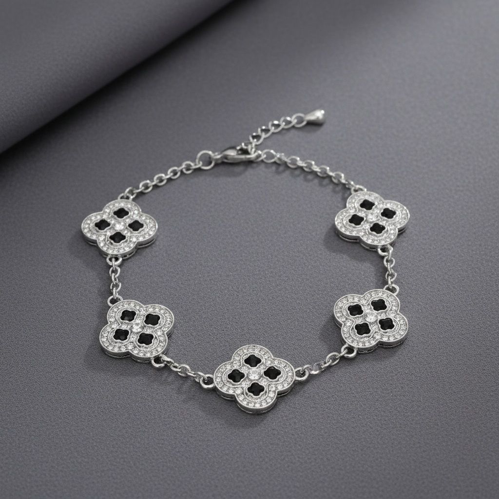 Black Encrusted Quatrefoil Motif Silver Bracelet