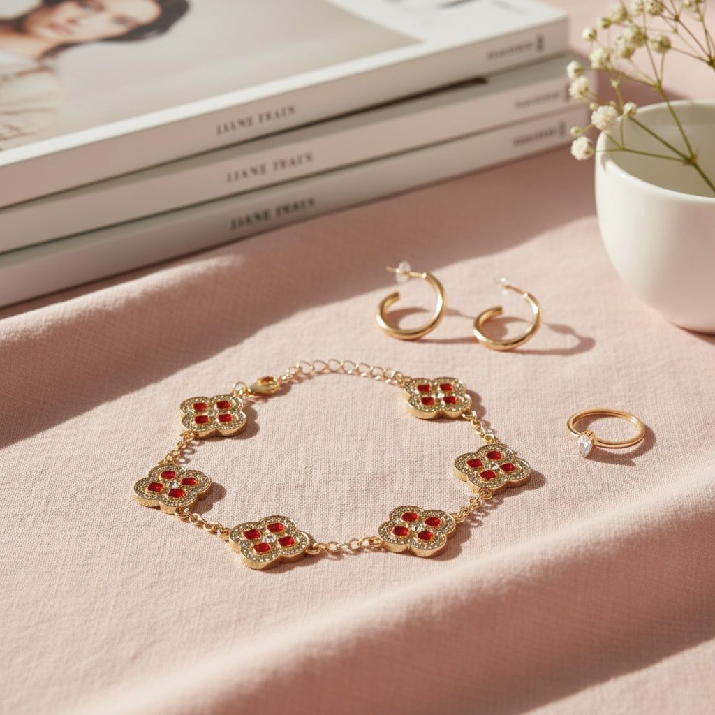 Red Encrusted Quatrefoil 5 Motif Chain Bracelet