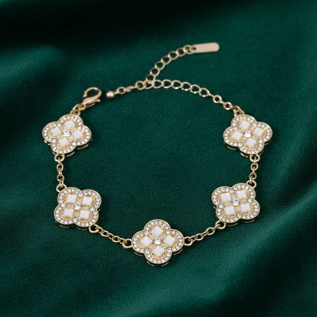 White Encrusted Quatrefoil 5 Motif Chain Bracelet
