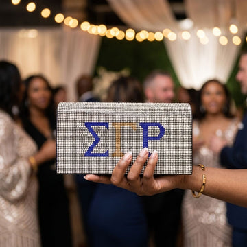 SGRHO Blue Gold Rhinestone Flap Snap Clutch Bag