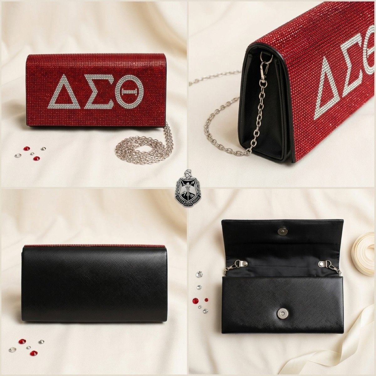 DST Red with Clear Rhinestone Flap Snap Clutch Bag
