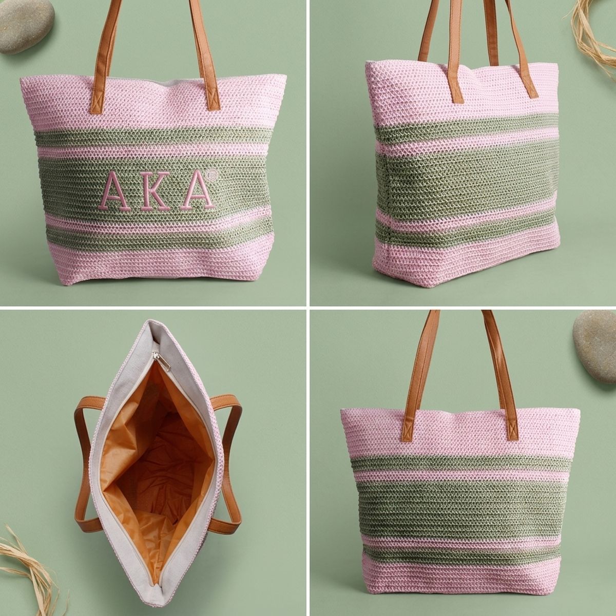 AKA Faded Pink Raffia Embroidered Beach Tote Bag