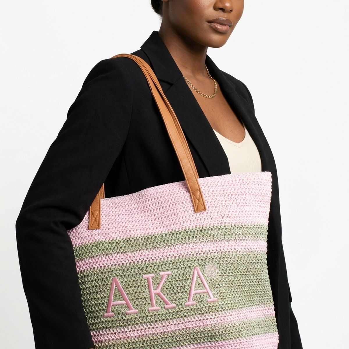 AKA Faded Pink Raffia Embroidered Beach Tote Bag