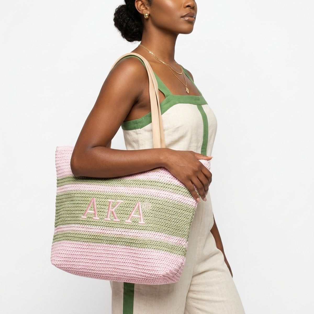AKA Faded Pink Raffia Embroidered Beach Tote Bag