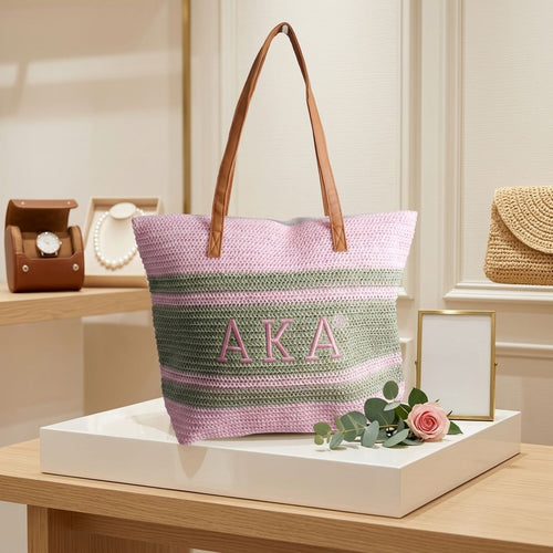 AKA Faded Pink Raffia Embroidered Beach Tote Bag