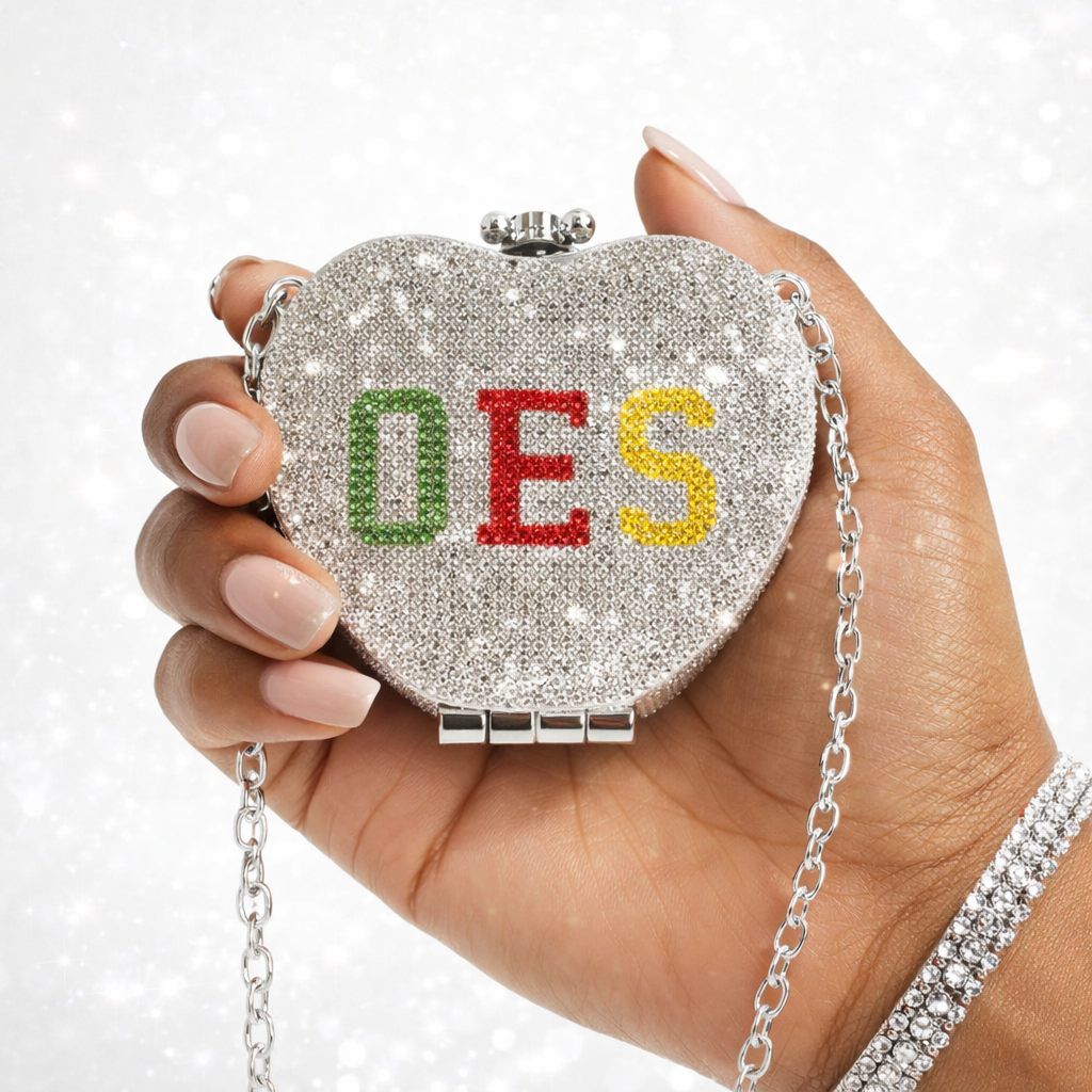 OES Mini Rhinestone Heart Crossbody Compact