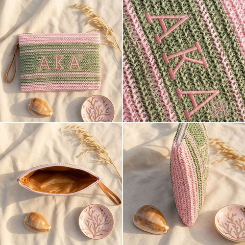 AKA Faded Pink Green Raffia Embroidered Pouch Bag
